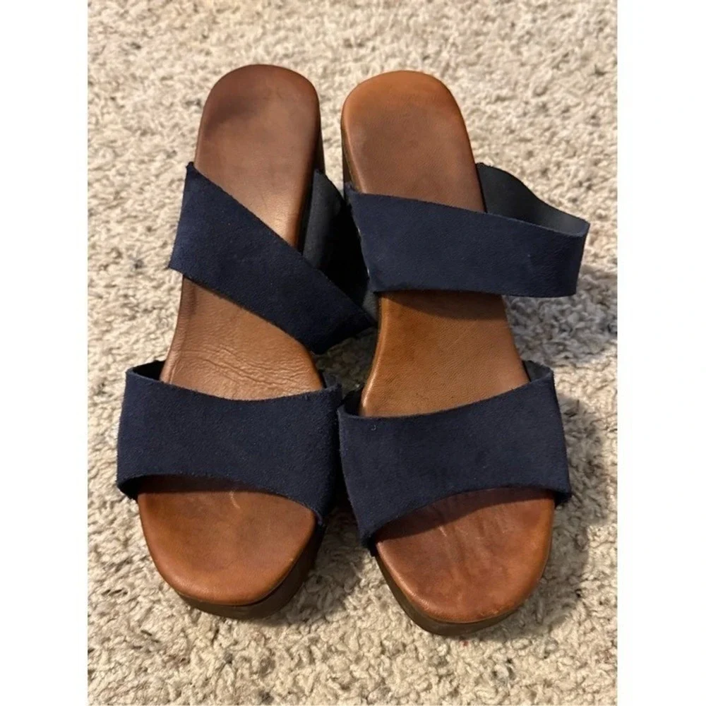 Navy Blue Suede Wooden Platform Slide Sandals Studded Block Heel Retro 70s Style